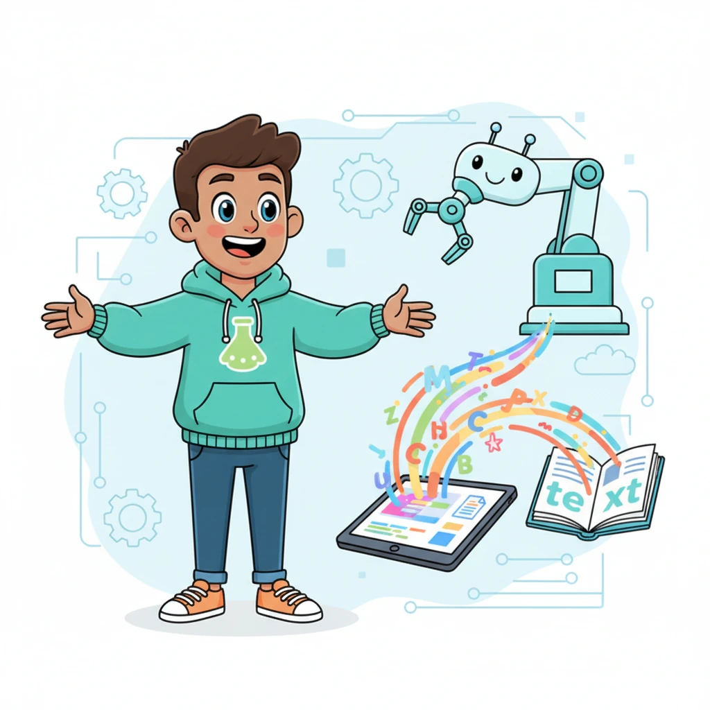 With a triumphant grin, Byte introduces a helpful robotic arm labeled 'PyPDF2' to their project. This friendly bot carefully extracts text from a digital resume, turning it from a tricky PDF into easy-to-read words. Byte watches as the text flows smoothly, ready for the next step.