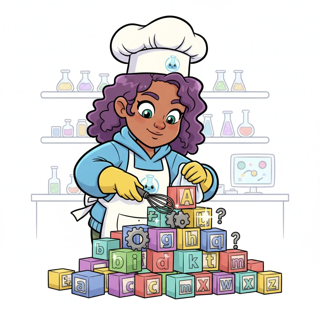 Byte dons a tiny chef's hat and apron, meticulously cleaning the extracted text. They carefully remove stray symbols, turn all the letters lowercase, and polish everything until it's sparkling clean and ready for analysis. The text looks neat and organized, like perfectly stacked building blocks.