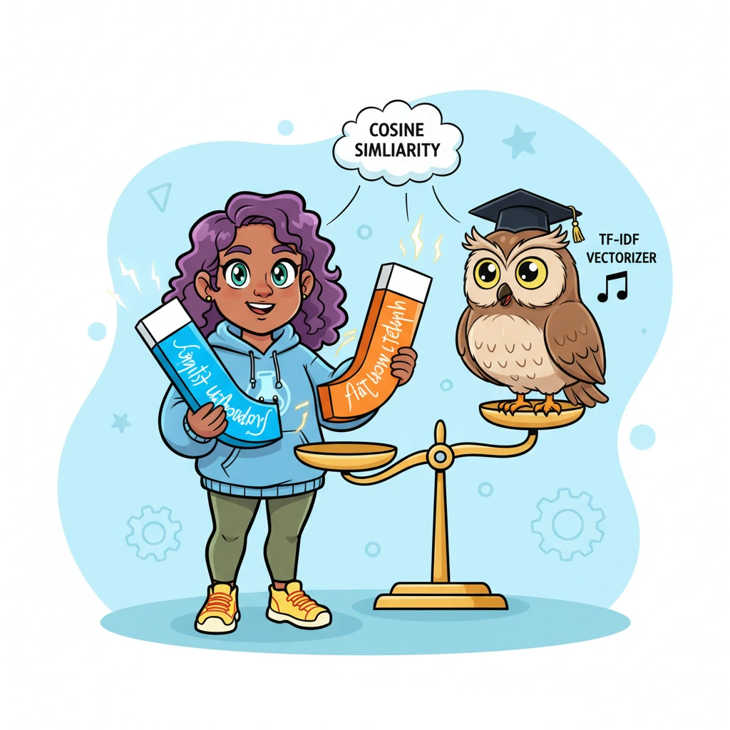 Byte introduces two brilliant, colorful magnets, one representing the resume text and the other the job description. They bring in a wise old owl named 'TF-IDF Vectorizer' and a friendly scale for 'Cosine Similarity' to measure how closely the magnets attract. The owl hoots with approval as the magnets show their connection.