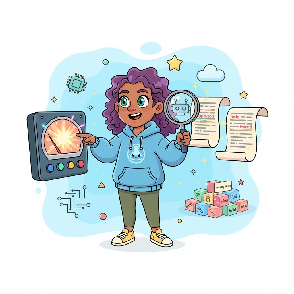 With a flick of a finger, Byte transforms the similarity score into a dazzling percentage, proudly displayed on a giant meter. Then, using a magnifying glass, they carefully scan both texts, highlighting important keywords. A separate pile of 'missing skills' appears, showing what the resume still needs to learn.