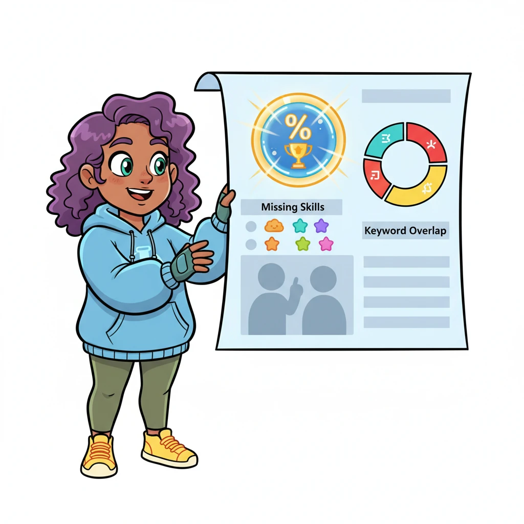 On the Result Page blueprint, Byte designs a vibrant display for the match percentage, glowing brightly like a trophy. Below it, a playful list of 'Missing Skills' pops up, encouraging future learning, alongside a colorful 'Keyword Overlap' chart. Byte imagines users happily reviewing their personalized results.