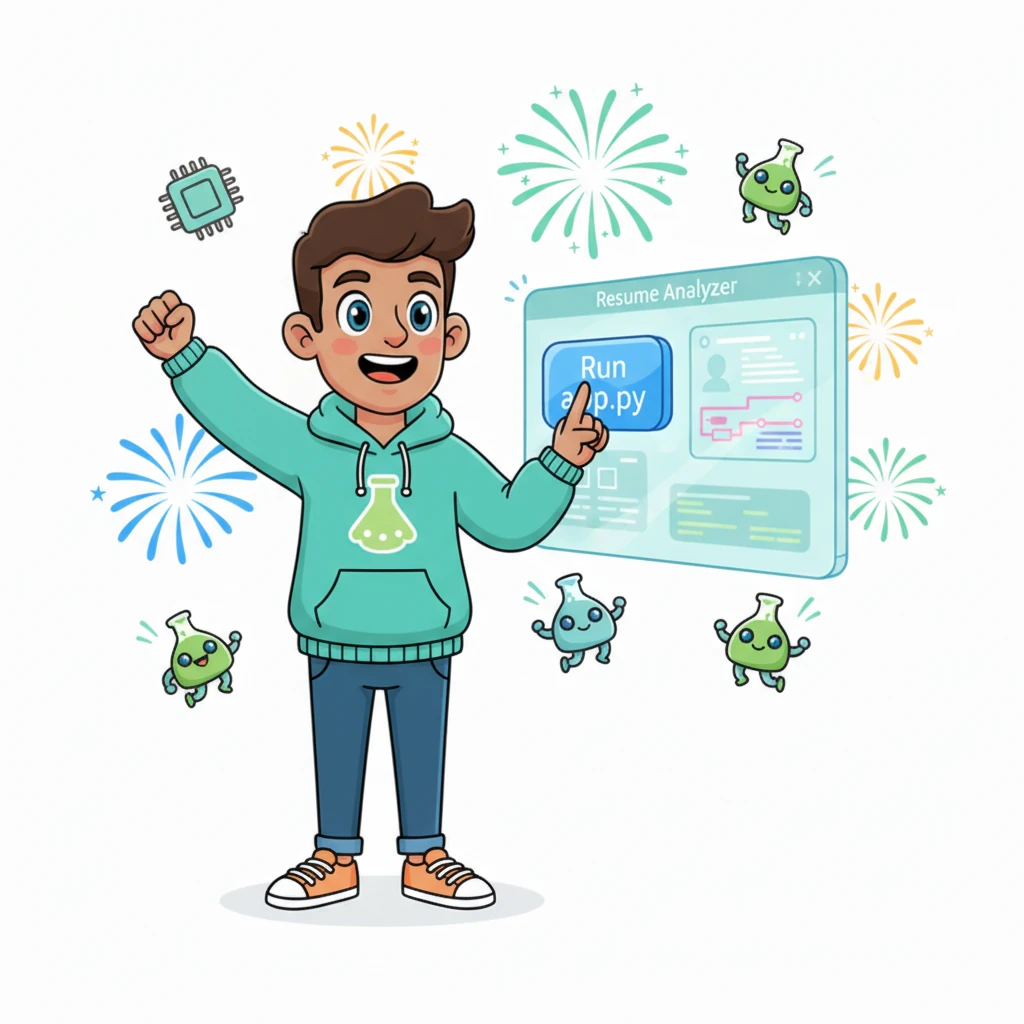 Byte, surrounded by tiny Flask bots and digital fireworks, proudly watches their fully functional Resume Analyzer running on a screen. With a joyful cheer, they click the 'Run app.py' button, and the whole system springs to life, ready to help job seekers everywhere. Byte beams, knowing their hard work has paid off.