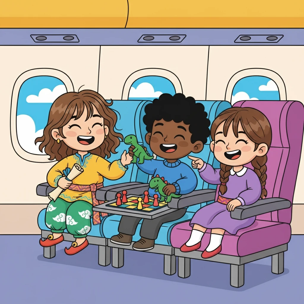 Ұшақта Әлия жаңа достар тапты. Олар бірге ойын ойнап, күлді. Әлия үшін бұл ең қызықты саяхат болды.