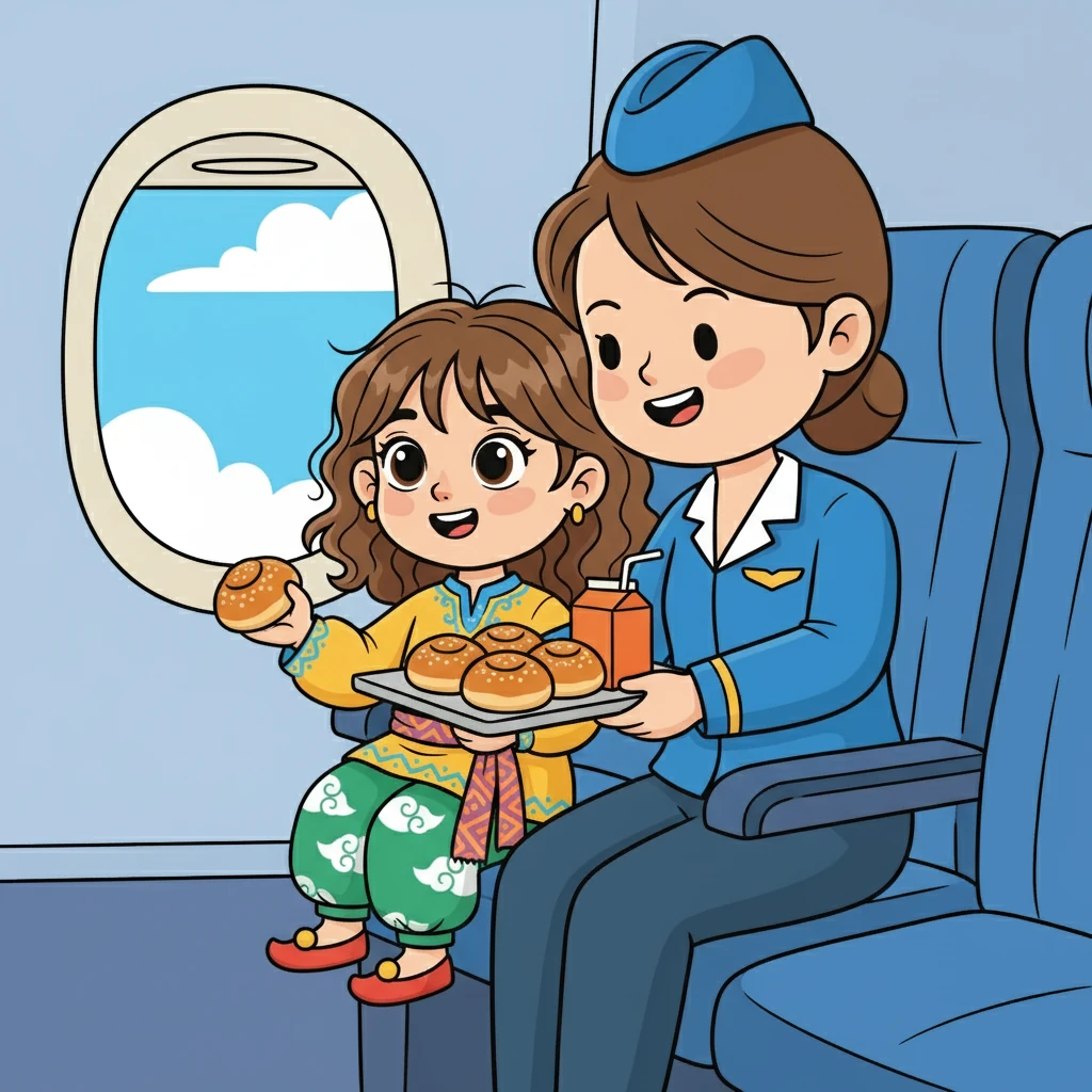 Ұшақта Әлияге тамақ берді. Ол тәтті тоқаштар мен шырын ішті. Бұл саяхаттың тағы бір қызықты сәті болды.