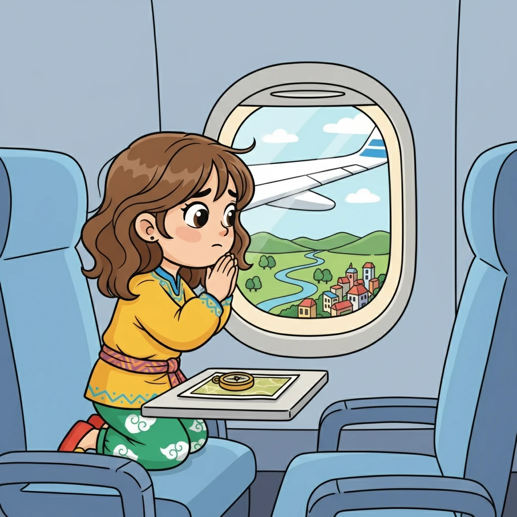 Ұшақ қонуға дайындалды. Әлия терезеден қарап, ұшақтың жерге жақындағанын көрді. Ол аздап қобалжыды.