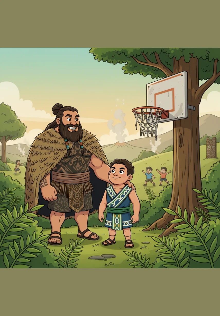 In the lush green hills of Rotorua, New Zealand, a young boy named Steven stands tall among the ferns, gazing at a basketball hoop fashioned from an old bicycle rim. As the youngest of many siblings, he learns early on that strength is built through family and a playful spirit.
