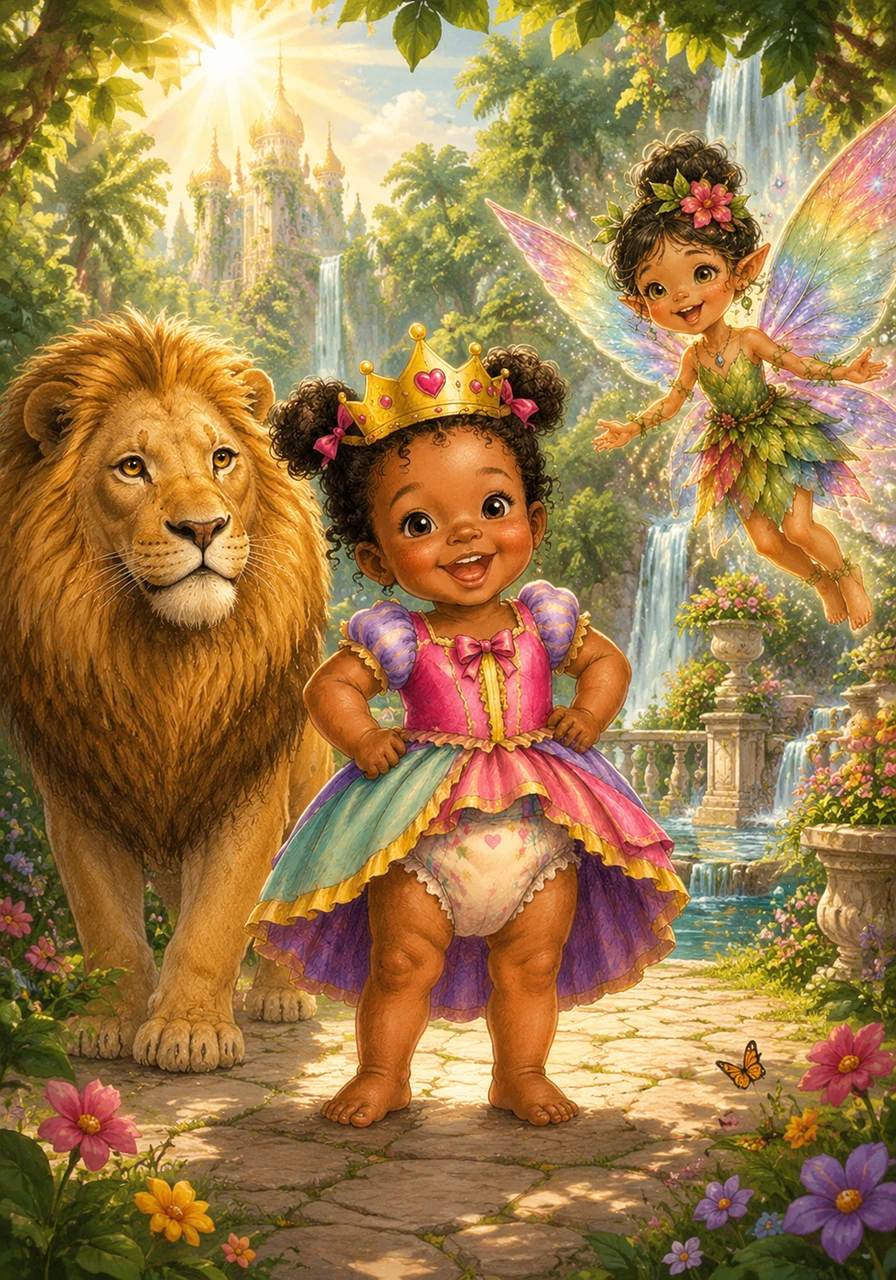 In the heart of the lush, magical kingdom of Nessia, the sun shines brightly over towering emerald trees and sparkling waterfalls. Little Princess Nessa stands proudly in her royal garden, her golden crown shimmering under the warm jungle sun.