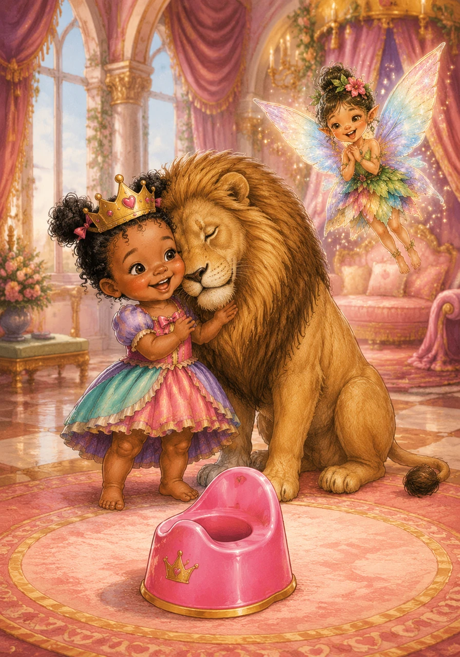 Nessa is never alone, for her best friend Leo the lion is always by her side with a gentle nuzzle. Right in the middle of her enchanted palace sits a tiny, bright pink potty, waiting for its royal moment.