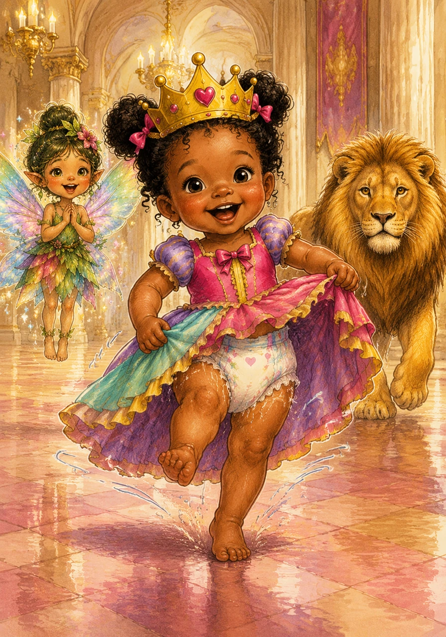 Despite her royal crown, Nessa has a little secret hidden beneath her colorful dress. She still wears a big, crinkly, soggy diaper that makes a swish-swish sound whenever she skips through the palace halls.