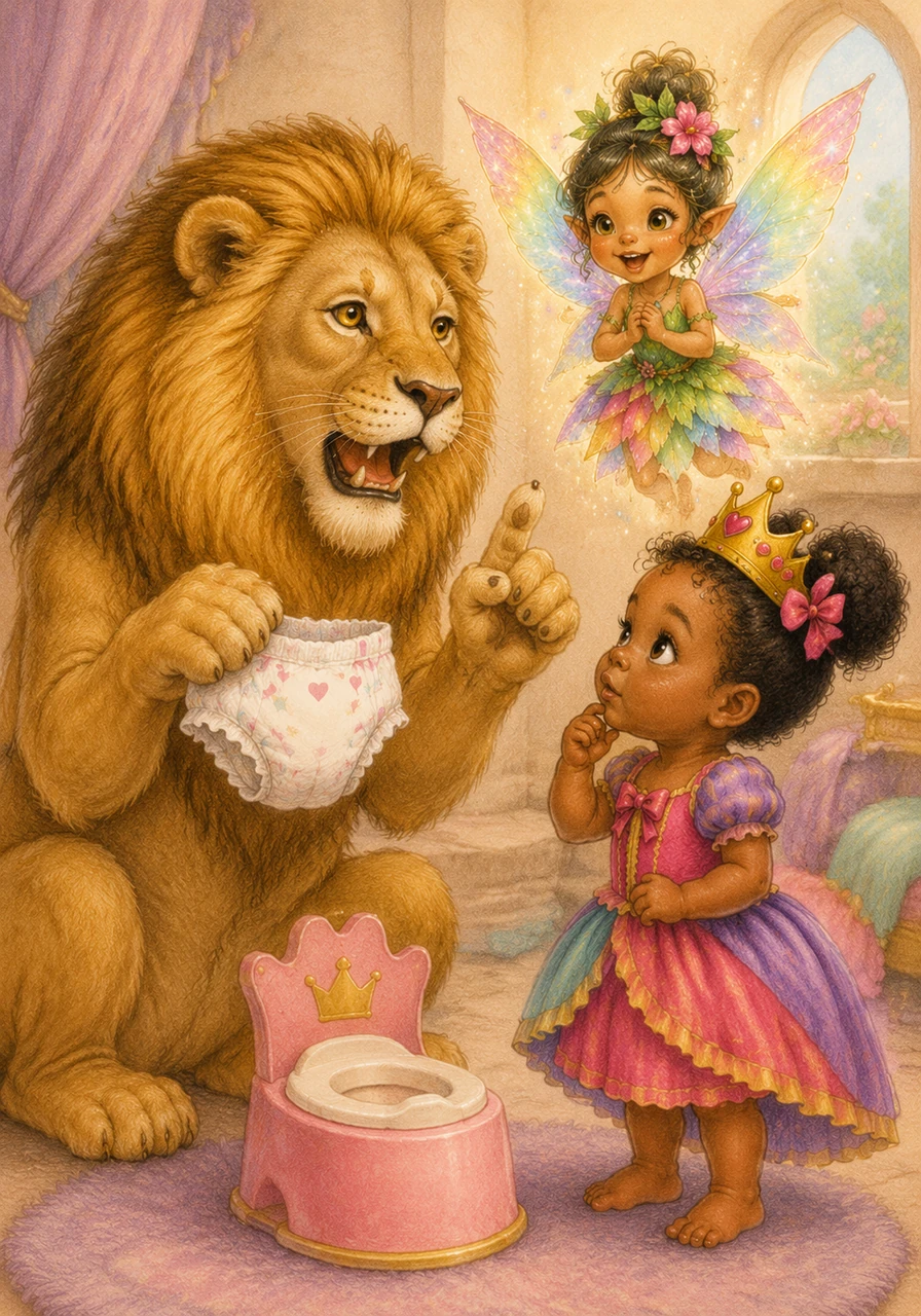 Leo the lion looks at the diaper and gives a soft, encouraging roar. He tells Nessa that while she is a wonderful princess, true princesses don't need diapers because they use their special potties.