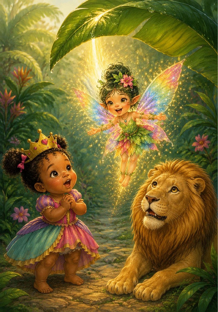Suddenly, a tiny glowing light flutters down from a giant banana leaf, sparkling like a fallen star. It is Fern the Fairy, a magical jungle spirit with wings that shimmer in every color of the rainbow.