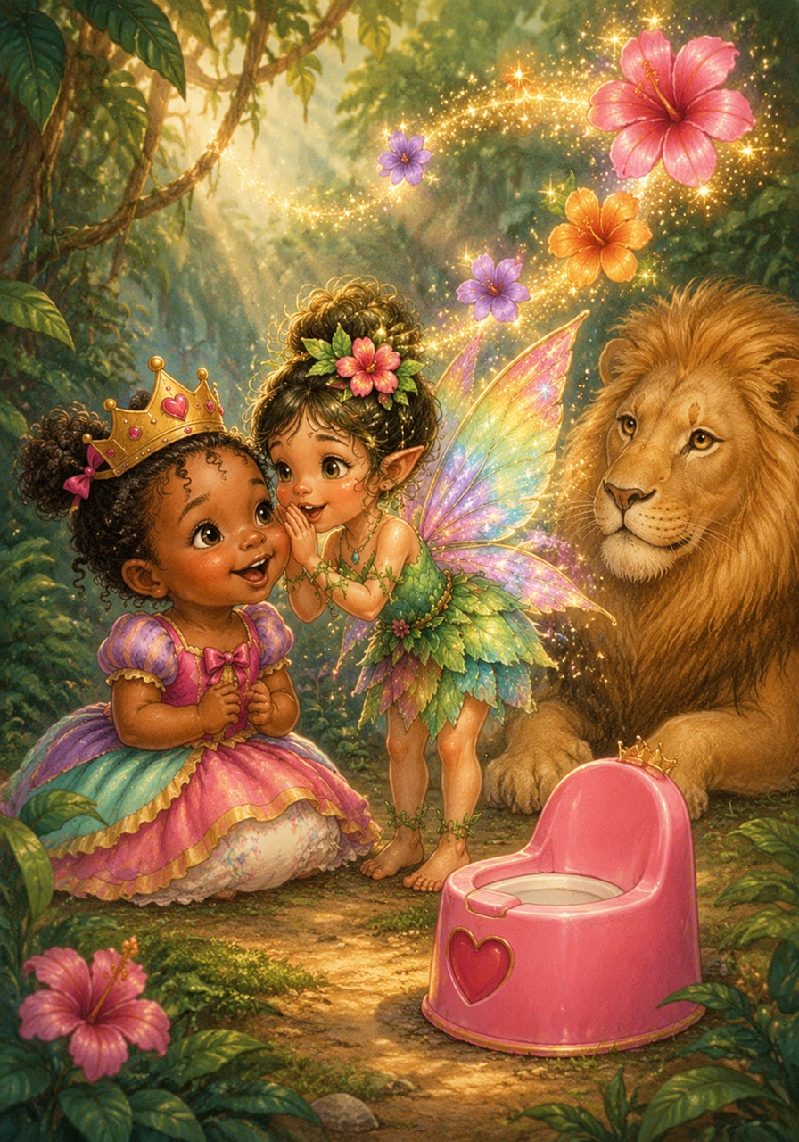 Fern whispers a wonderful secret to Nessa, her voice sounding like tinkling bells. She explains that every time Nessa uses her pink potty, a brand new, magical flower will bloom somewhere in the jungle.