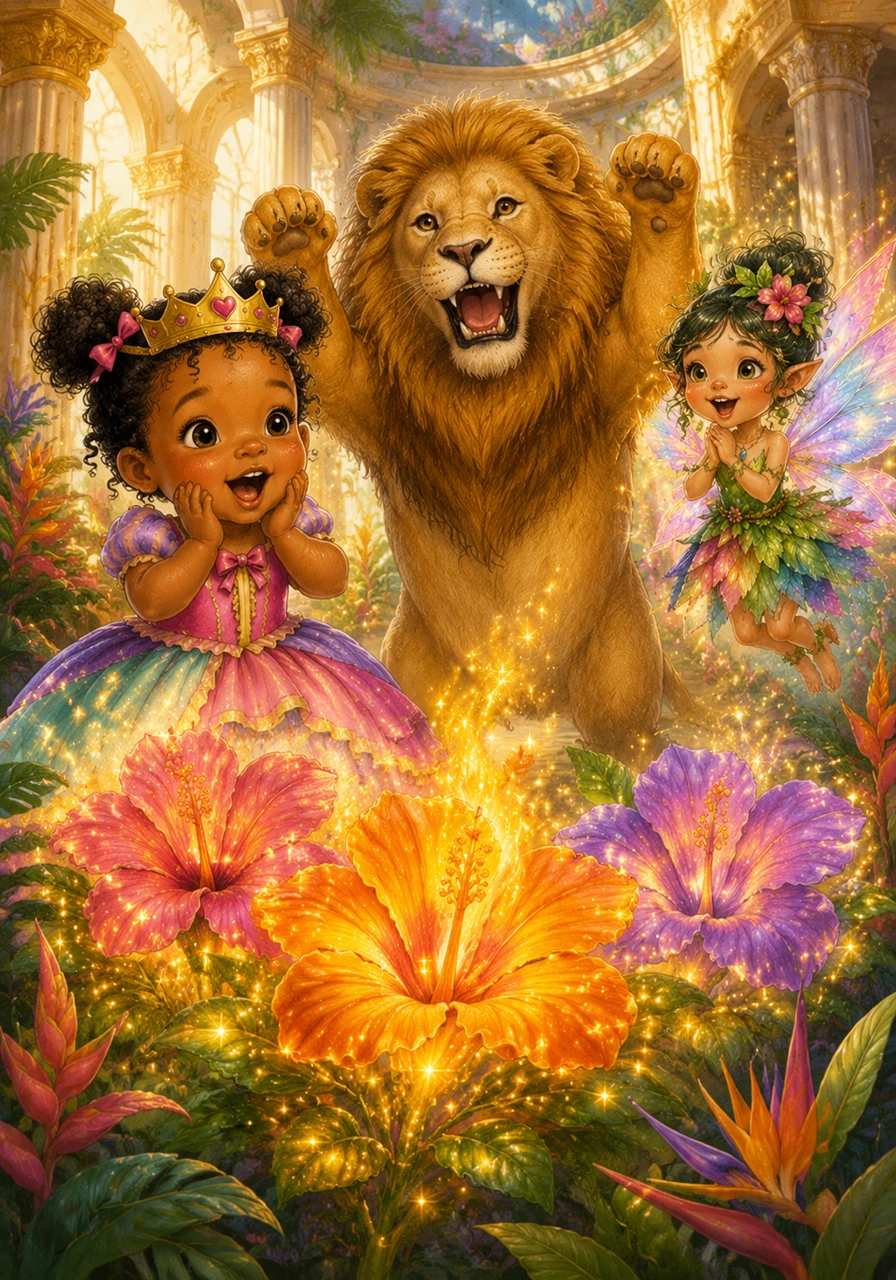 Suddenly, a chorus of pop, pop, pop echoes through the palace as three magnificent tropical flowers burst into bloom. Nessa’s eyes widen with wonder, and Leo lets out a joyful roar of celebration!
