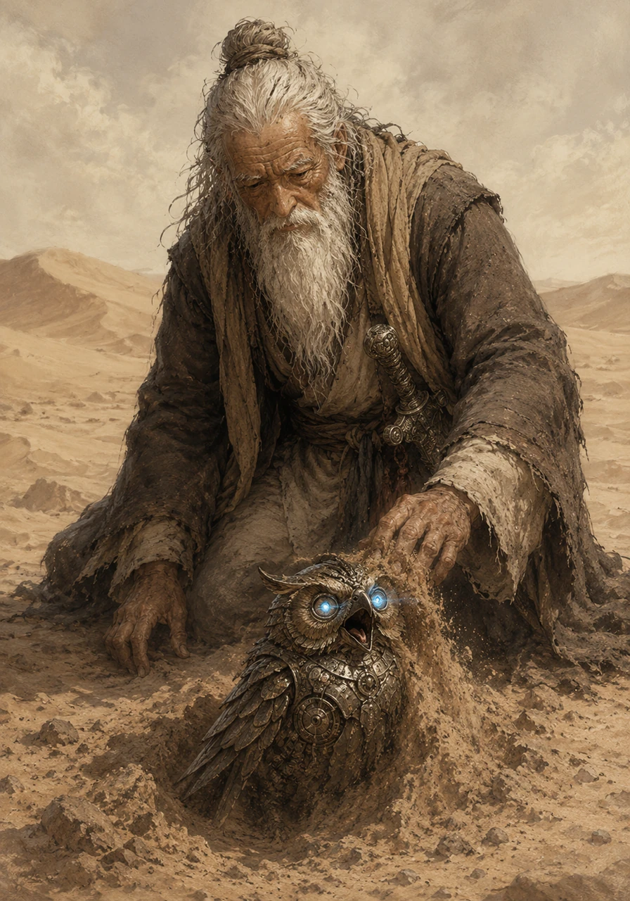 One afternoon, Leo discovered a small, rusted mechanical owl buried deep within a shifting dune. As he brushed away the sand, the owl’s eyes flickered with a soft blue light and it began to hoot a melodic, urgent message.