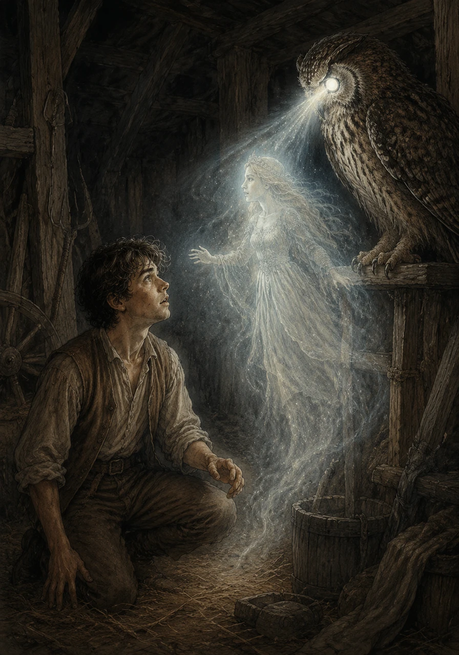 A shimmering, ghostly image of a princess appeared from the owl’s eyes, pleading for help against a creeping darkness. Leo felt a spark of destiny ignite in his chest and knew he could no longer stay behind on the farm.