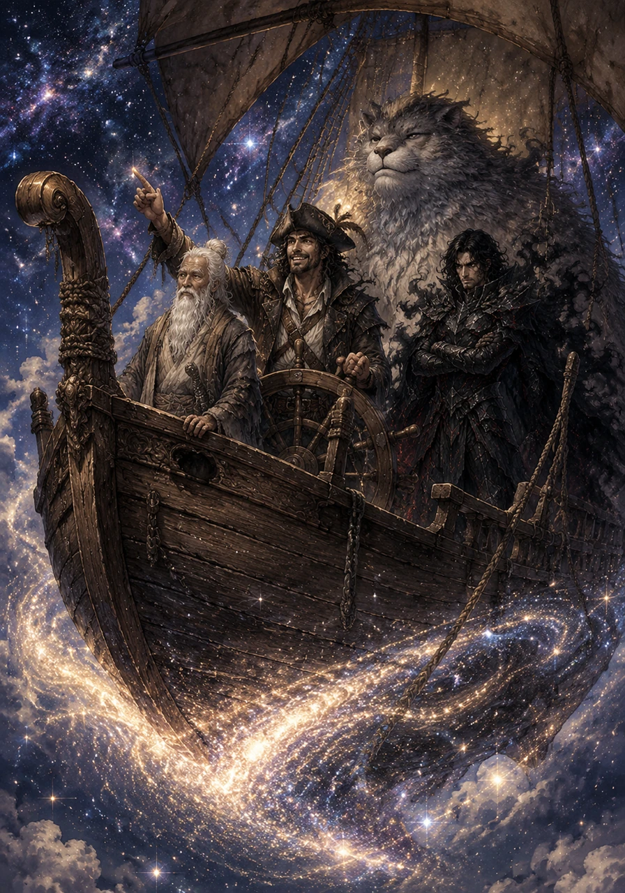They joined forces with a daring sky-pirate and his giant, furry companion on a flying wooden ship powered by stardust. Together, they soared through the clouds, leaving the desert behind for the vast, sparkling ocean of the night sky.