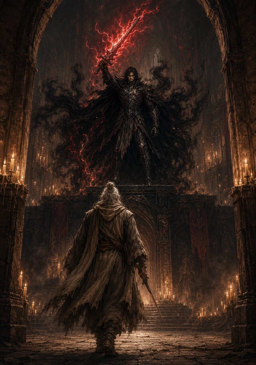 Leo bravely entered the fortress and faced the Shadow Sorcerer in a grand hall filled with flickering candles. The villain’s cape billowed like black smoke as he raised a crackling blade of red lightning to challenge the young hero.
