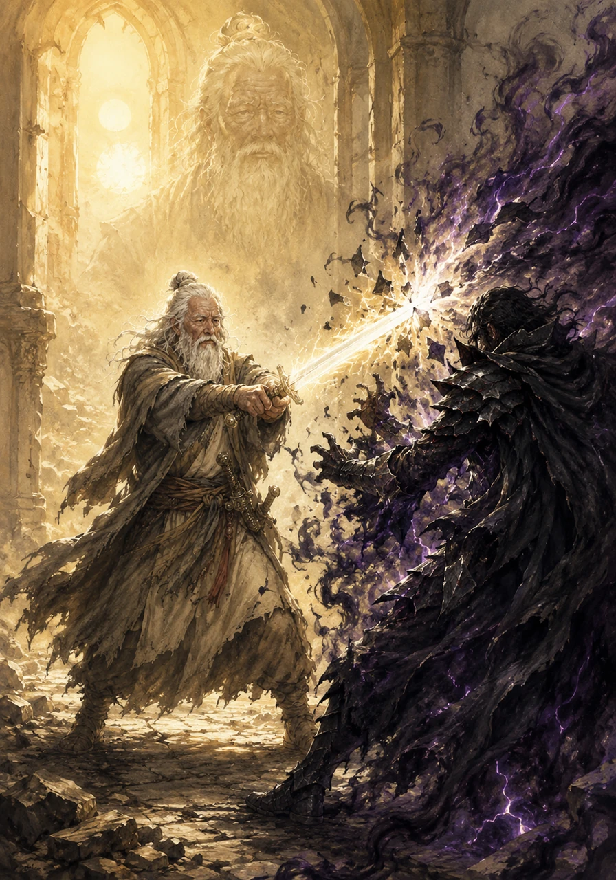 Remembering the hermit’s wisdom, Leo closed his eyes and let the warmth of the twin suns fill his spirit. With one courageous strike, his moonlight blade shattered the sorcerer’s darkness, filling the castle with a brilliant, healing glow.
