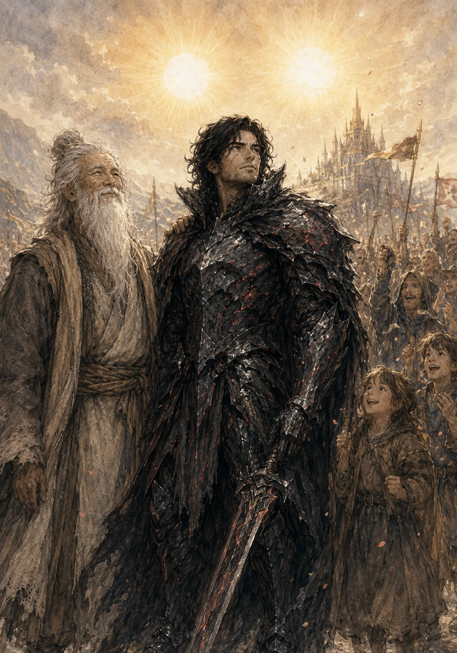 The kingdom was finally saved, and the twin suns shone brighter than they ever had before. Leo stood among his new friends as a celebrated hero, no longer a simple farm boy, but a true Knight of the Stars.