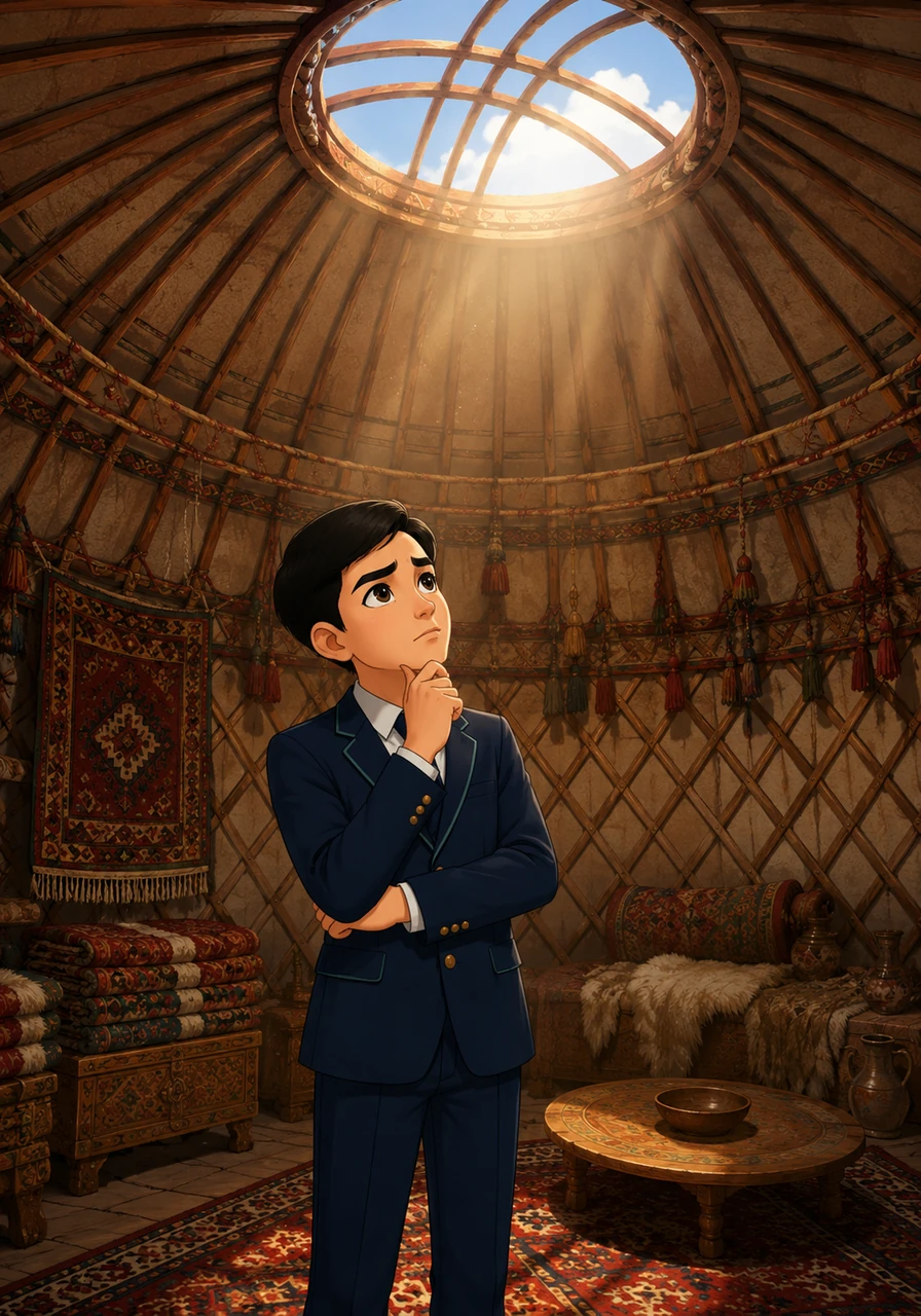 Arman moved into a traditional Kazakh yurt pitched on the vast, quiet steppe just outside the city borders. Under the wide blue sky, he looked at the wooden lattice frame and the circular shanyrak window above, wondering how he would survive without his modern bedroom.