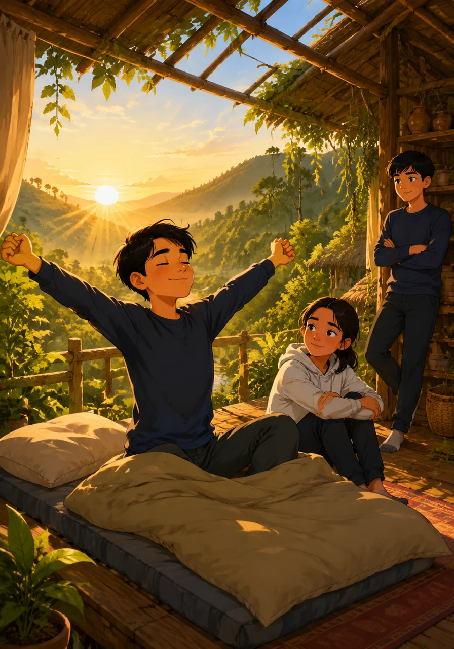 Soon, Arman found a peaceful rhythm, waking up early with the golden sunrise spilling through the roof. He felt a deep, grounded connection to the earth and nature, noticing that his usual school stress had completely melted away.