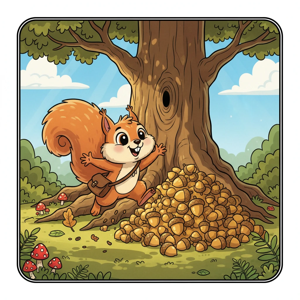 Pip, a fluffy-tailed squirrel, zipped through the sunny forest, his eyes sparkling with excitement. He had just discovered the biggest, shiniest pile of acorns ever, hidden beneath a grand oak tree. Pip bounced with glee, ready for a day of collecting.