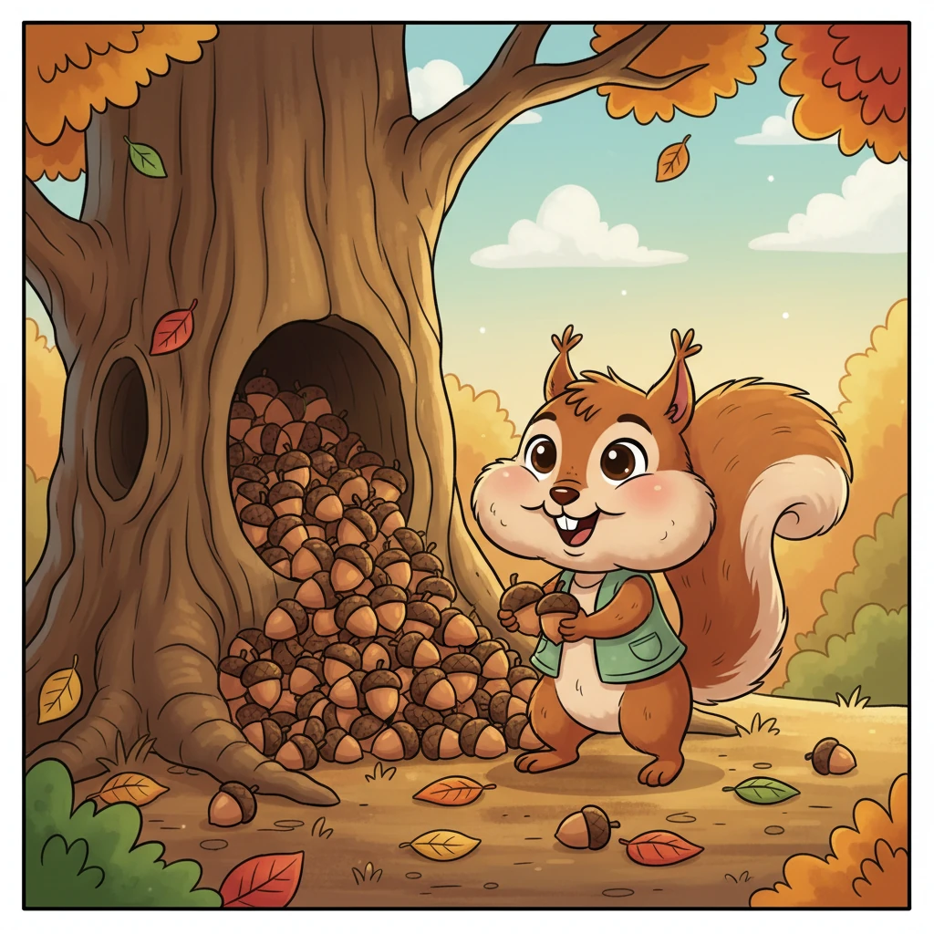 With a chuffed grin, Pip began to gather every single acorn, carefully tucking them into his cozy tree-hole home. He piled them high, imagining all the delicious snacks he would have, his cheeks puffing out with pride.