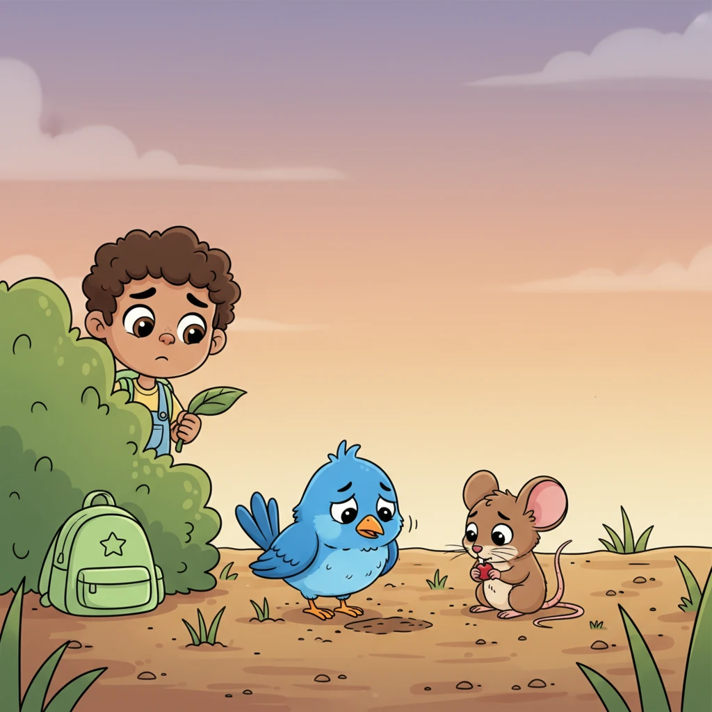 Later that day, Pip peeked out to see his friends, Barnaby the bluebird and Millie the mouse, looking a little glum. Barnaby was pecking at an empty patch of ground, and Millie was quietly nibbling on a tiny, lonely berry.