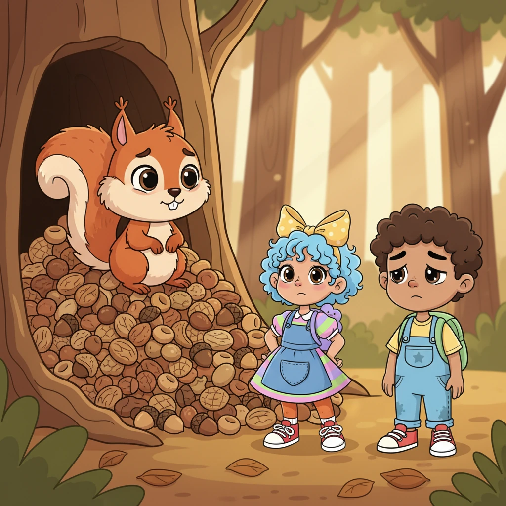 Pip watched them from his overflowing home, a small frown creasing his brow. He felt a tiny pang in his heart as he saw their droopy shoulders and quiet sighs. His big pile of nuts suddenly didn't feel quite as exciting.