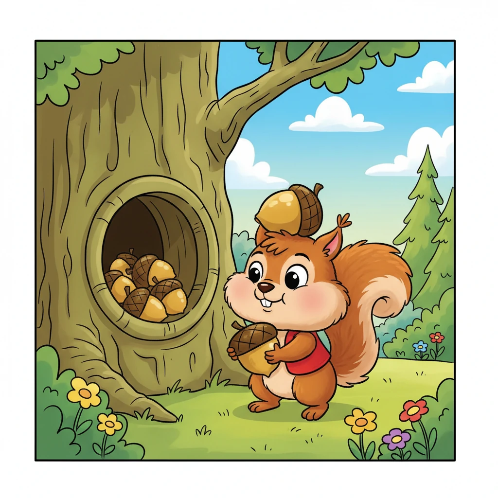 With a determined nod, Pip decided it was time for a change. He took a deep breath, puffed out his chest, and began to carefully carry some of his precious acorns out of his tree-hole.