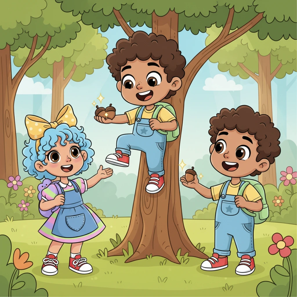 Pip scampered down his tree, a big smile returning to his face, and offered a handful of shiny acorns to Barnaby and Millie. Their eyes widened with surprise, then brightened with pure joy as they accepted his kind offering.