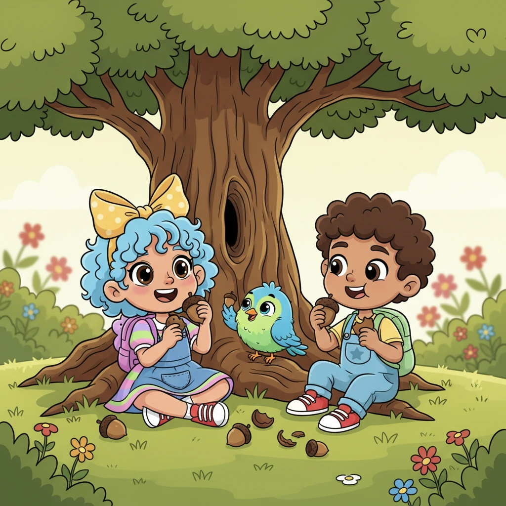 Soon, all three friends were sitting together at the base of the oak tree, happily crunching on acorns and chattering away. The air was filled with happy squeaks, chirps, and giggles, much louder than Pip's earlier quiet counting.