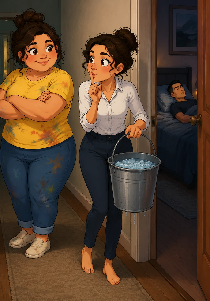 Determined to wake a supposedly lazy Rudra for their college lectures, Diksha hatches a mischievous plan with the elders' silent, amused permission. She fills a heavy bucket with ice-cold water, whispering to Gayatri, 'Aaj toh Rudra gaya! He won't know what hit him,' as she tiptoes toward the bedroom.
