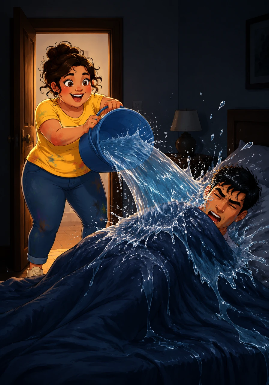 Diksha bursts into the darkened room and heaves the entire bucket of water onto the sleeping figure huddled under the blankets. 'Utho, lazy bones! Get up right now or we’ll be late!' she shouts with a triumphant laugh, watching the water drench the bed and the man beneath.