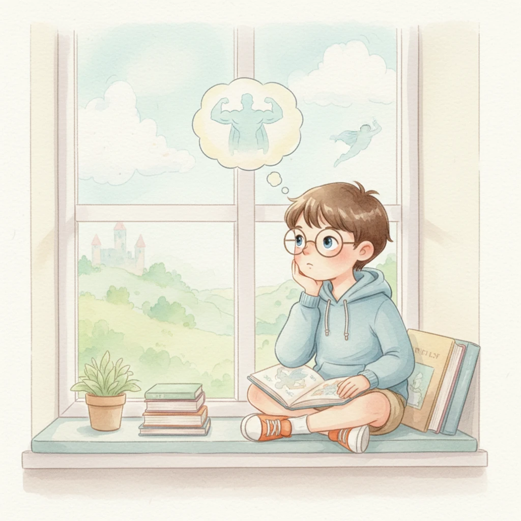 Alex sits by his window and wonders about heroes. He thinks about big heroes from books with strong muscles and amazing powers. He wishes he could be a hero too.