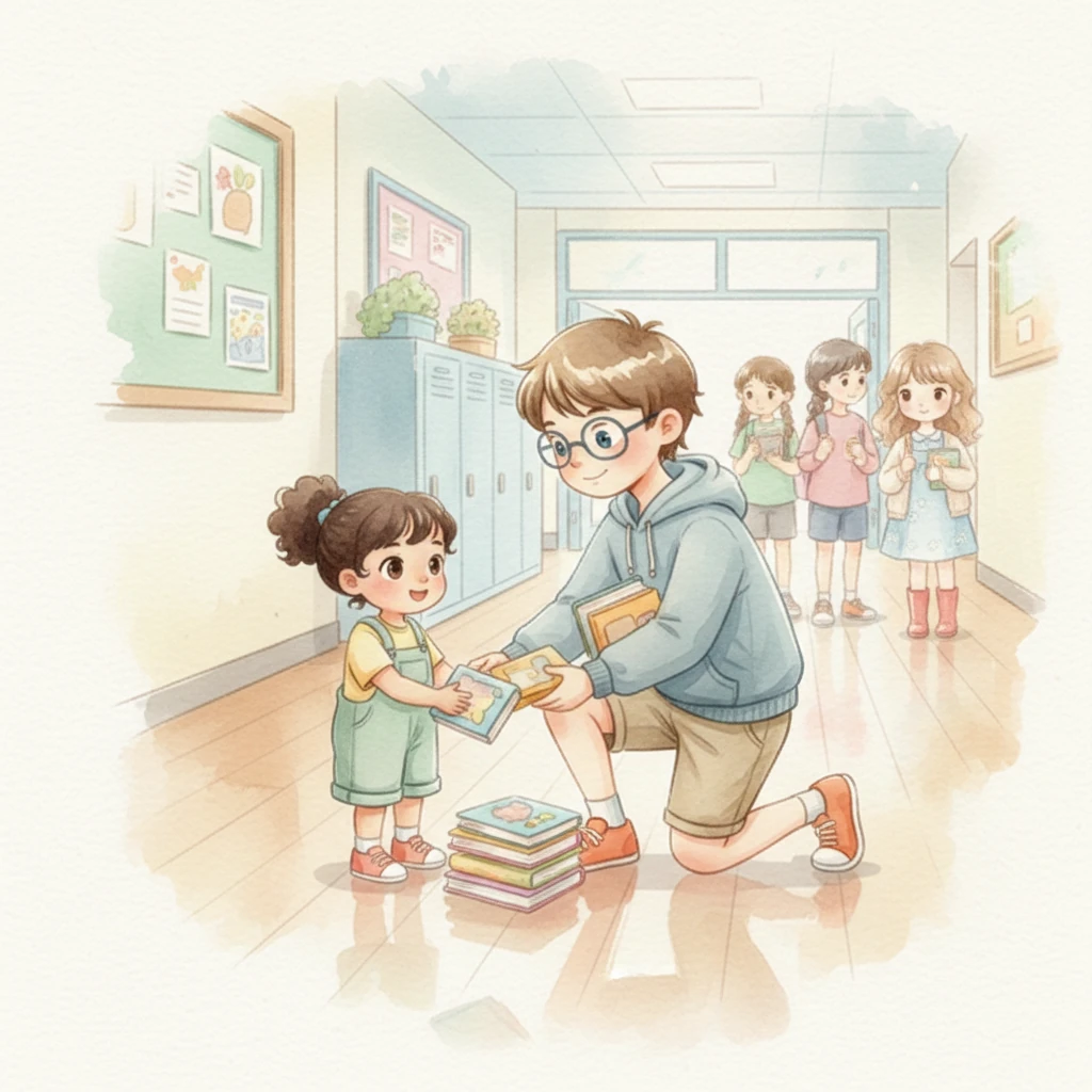 Next, Alex sees Sam. Sam is always kind and helpful. He helps a younger student pick up a stack of books that fell on the floor, making the little student smile.