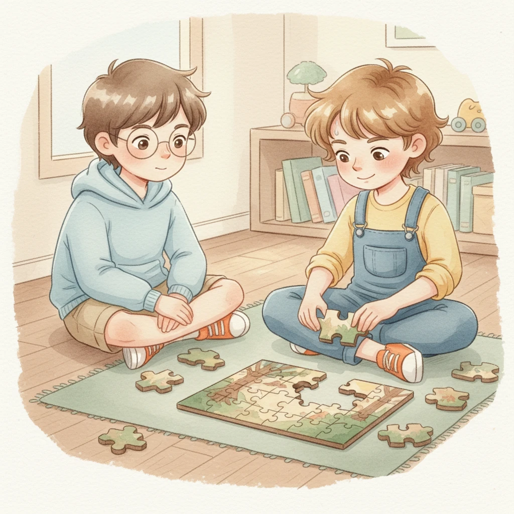 Leo never gives up, even when things are hard. Alex watches Leo try to solve a tricky puzzle many times. Leo keeps trying until he finally fits the last piece perfectly.