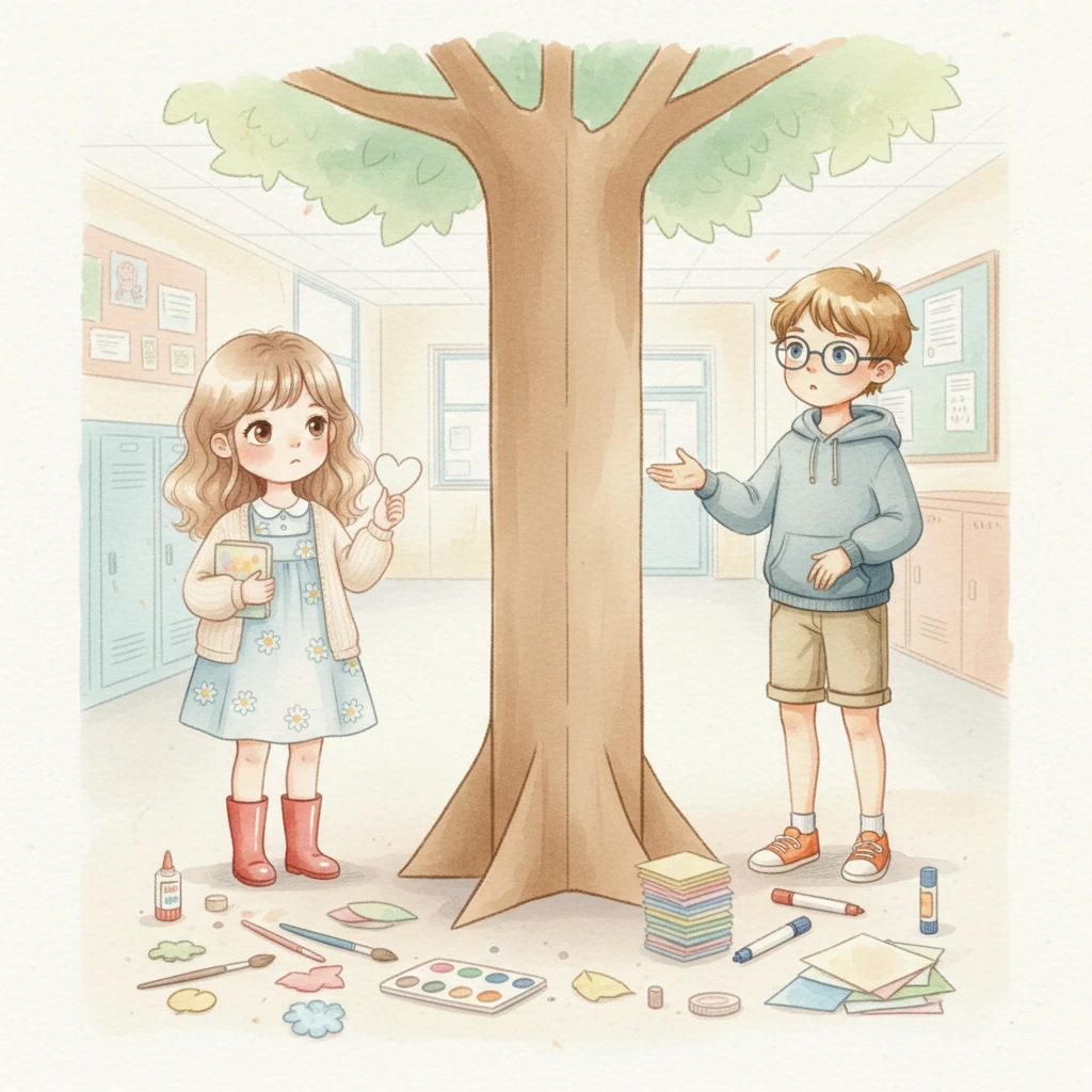 One sunny afternoon, the friends decide to make a special project for their school's 'Kindness Week.' They want to build a 'Kindness Tree' for the hallway, but it seems like a big task.