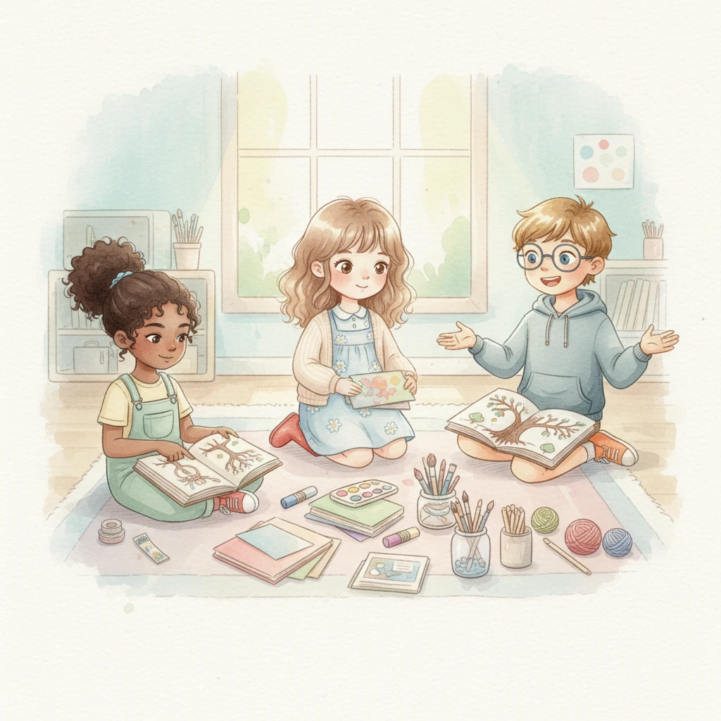 Lily quickly organizes all their craft supplies into neat piles. Sam shares his creative ideas and encourages everyone to do their best. Maya researches how to make strong branches for their tree.