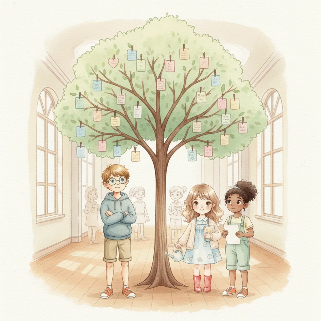 Their 'Kindness Tree,' filled with notes of kindness from students, stands tall and beautiful in the hall. Alex understands now. His friends are true heroes, making the world better every day with their good habits.