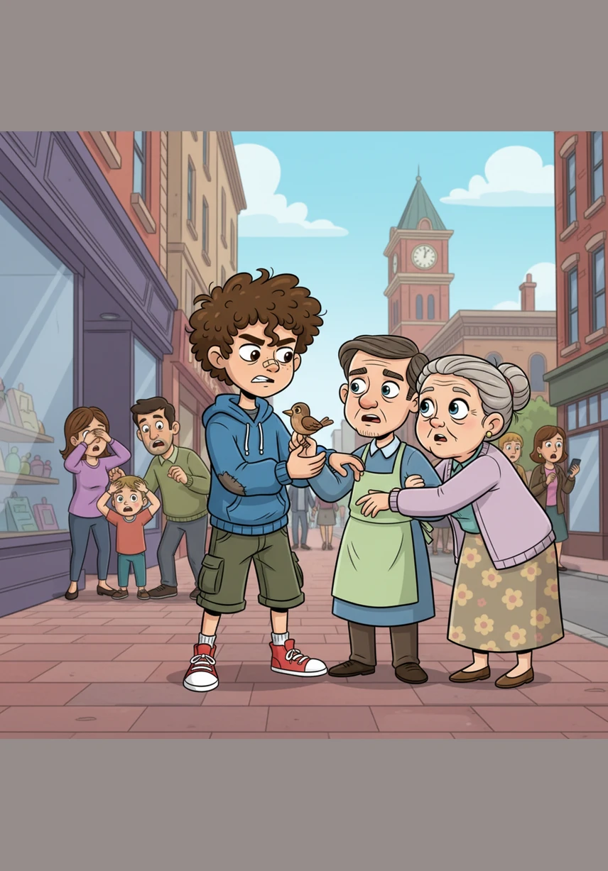 While walking down the busy sidewalk, Leo encountered an elderly man carrying a heavy bag of groceries. Instead of stepping aside to let him pass, Leo gave the man a rough shove, causing him to stumble and look back in quiet confusion.