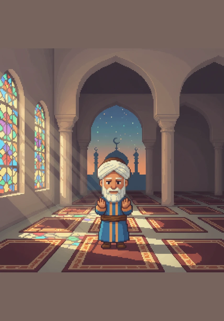 He notices a few early risers bowed in deep prayer, their silhouettes peaceful in the dim light. Hafiz nods to them with quiet respect, moving carefully so as not to disturb their conversation with the Divine. He prepares his tools, ready to begin his humble task.