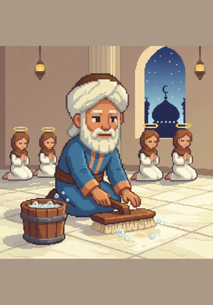 He fills his bucket with warm water and a splash of soap, the scent of cleanliness filling the air. Kneeling on the floor, he offers a short prayer of his own before dipping his brush into the water. With steady hands, he begins to scrub the marble.