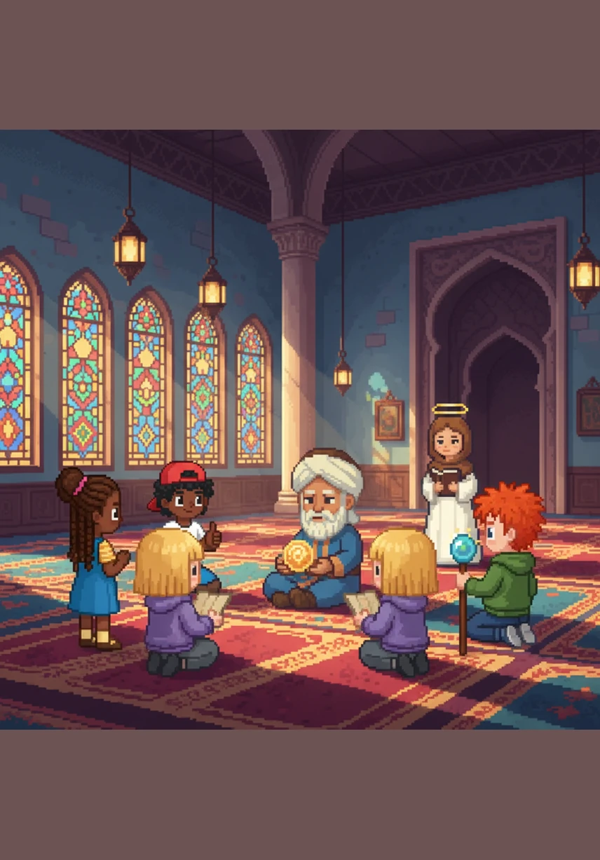 The silence is suddenly broken by the cheerful laughter of children entering the mosque for their lessons. Their bright eyes and innocent smiles bring a new wave of energy to the hall. Hafiz watches them play, his heart swelling with joy at their pure spirits.