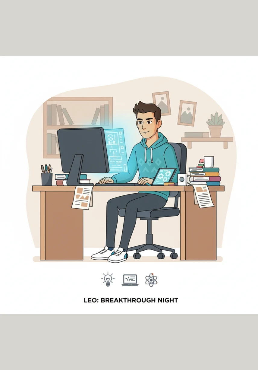 Leo sits at his cluttered desk, illuminated by the soft glow of multiple monitors and a flickering desk lamp. He has just conceptualized a new algorithm for optimizing renewable energy grids and realizes it could be a significant contribution to the field.