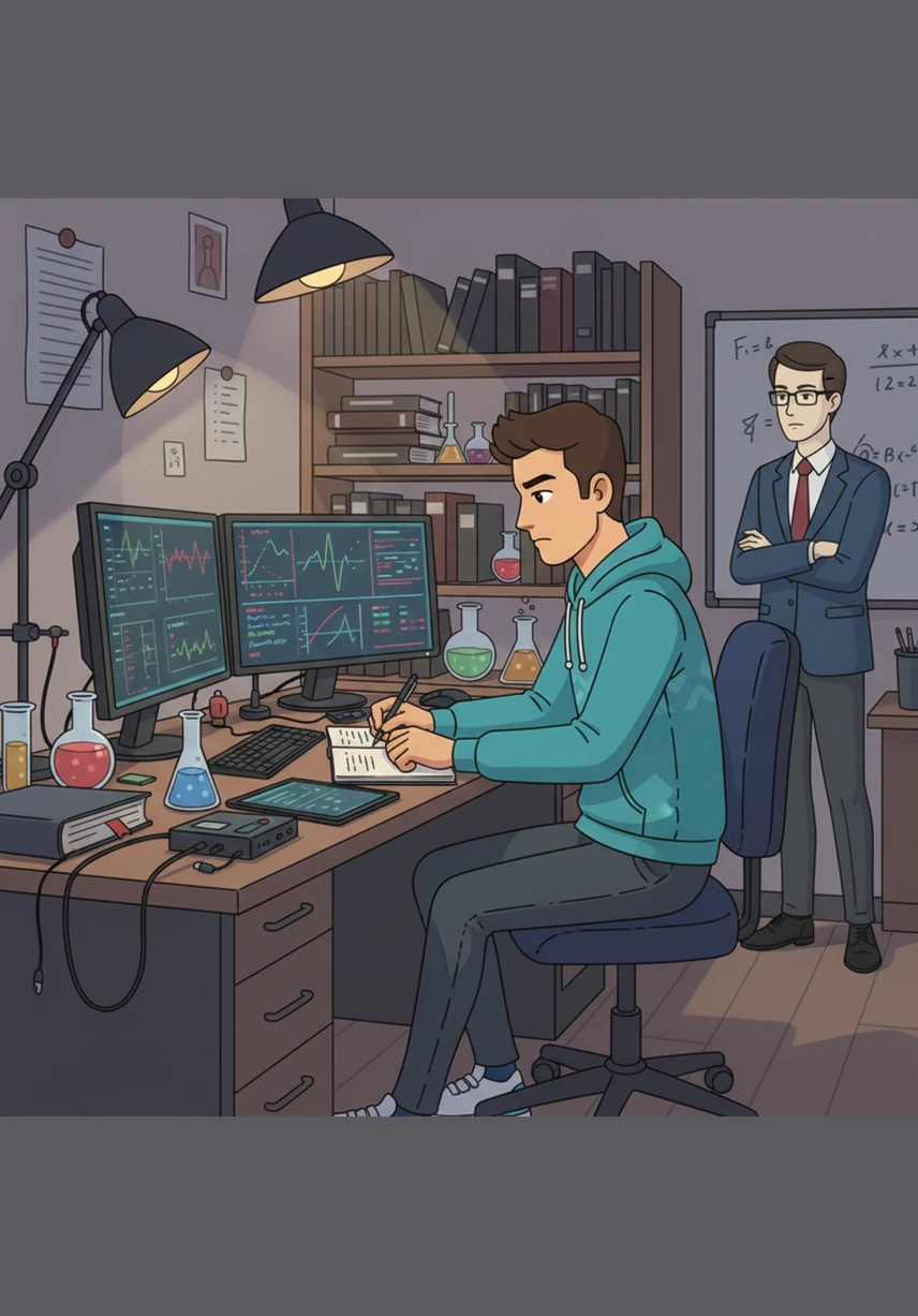In his small laboratory, Leo runs complex simulations, watching the data points fluctuate across his screen in real-time. Despite several initial failures, he meticulously records every result, knowing that even negative data is a step toward a solid conclusion.