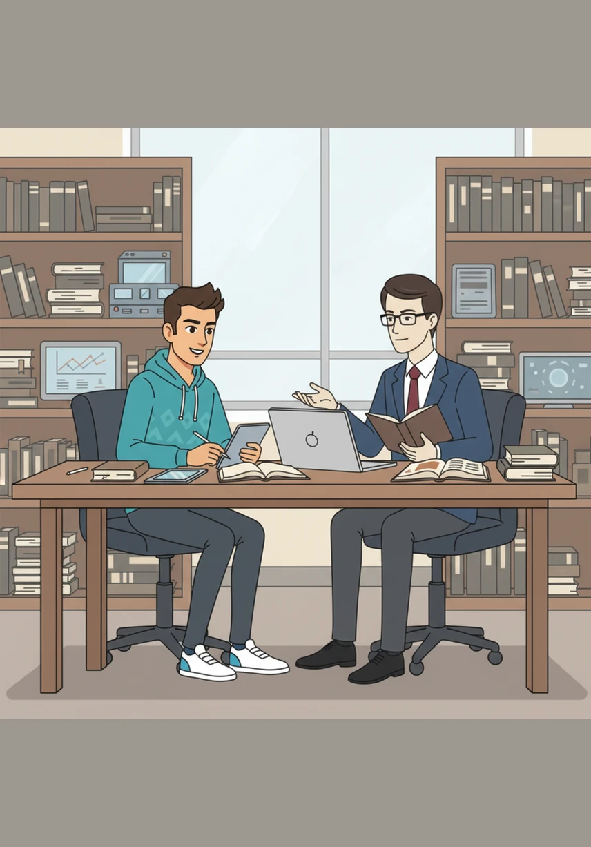 Leo meets with his mentor, Professor Aris, in a quiet library filled with stacks of academic journals and modern gadgets. The professor provides insightful feedback, challenging Leo to strengthen his methodology and clarify his experimental results section.