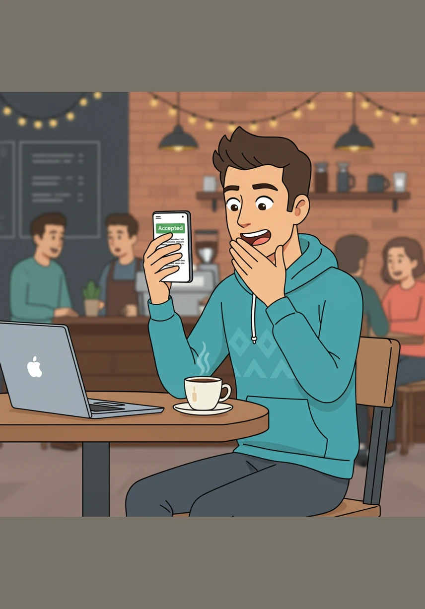 Weeks later, an email notification pops up on Leo's phone while he is at a local coffee shop. His heart races as he reads the word Accepted, followed by constructive comments from the reviewers to help him finalize his camera-ready version.