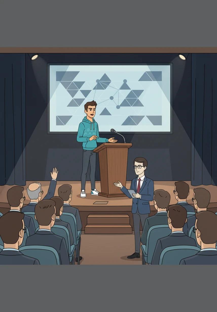 Leo stands on a brightly lit stage at the international IEEE conference, speaking into a microphone before a room full of distinguished scientists and engineers. His voice is steady and passionate as he explains his algorithm and answers challenging questions from the audience.