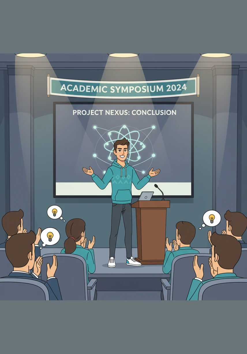 After his presentation, Leo engages in lively discussions with fellow researchers who are impressed by his innovative approach. He holds his conference badge with a sense of immense pride, knowing he has officially contributed his voice to the global scientific community.